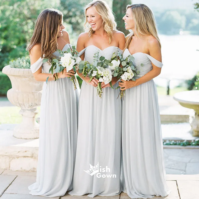 Charming Off the Shoulder Sweetheart Chiffon Long Cheap Bridesmaid Dresses, WG463