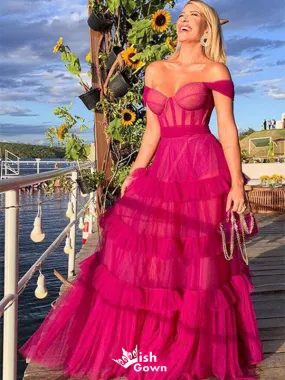 Charming Pink A-Line Sweetheart Off Shoulder Ruffle Cheap Maxi Long Party Prom Gowns,Evening Dresses,WGP449