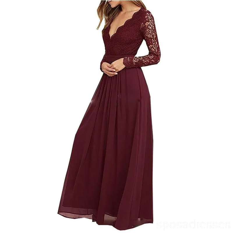 Cheap Burgundy Long Sleeve Lace Custom Long Bridesmaid Gowns, BD0250