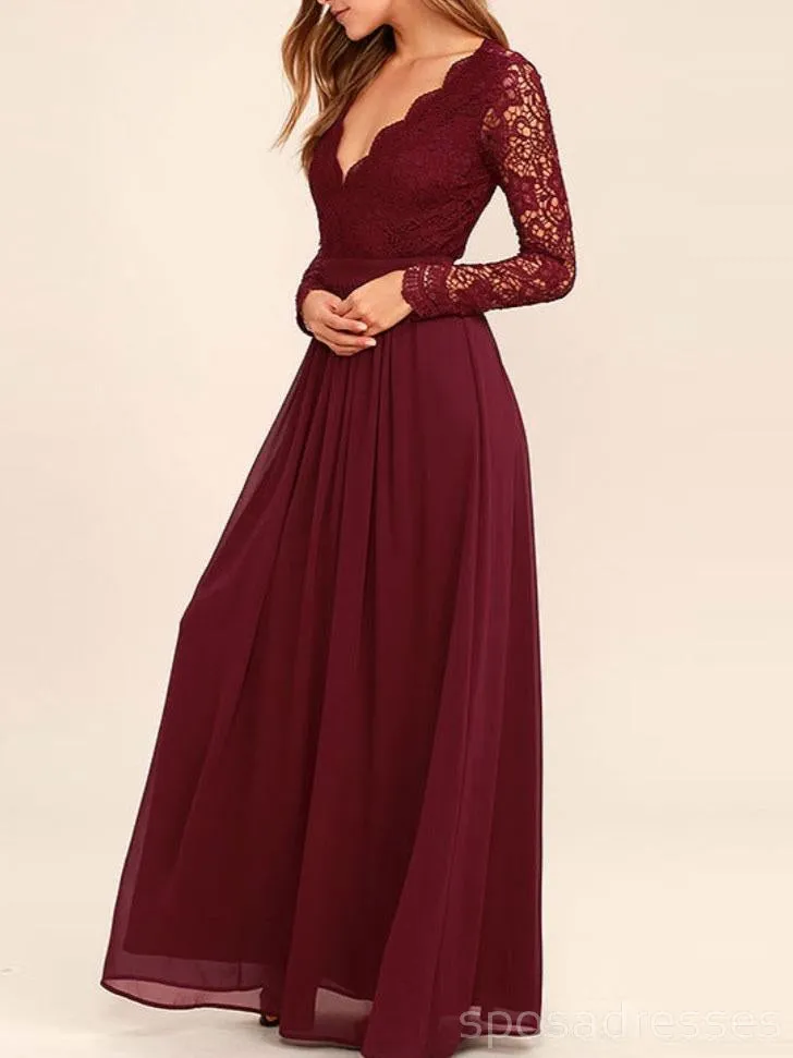 Cheap Burgundy Long Sleeve Lace Custom Long Bridesmaid Gowns, BD0250