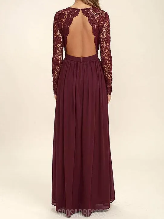 Cheap Burgundy Long Sleeve Lace Custom Long Bridesmaid Gowns, BD0250