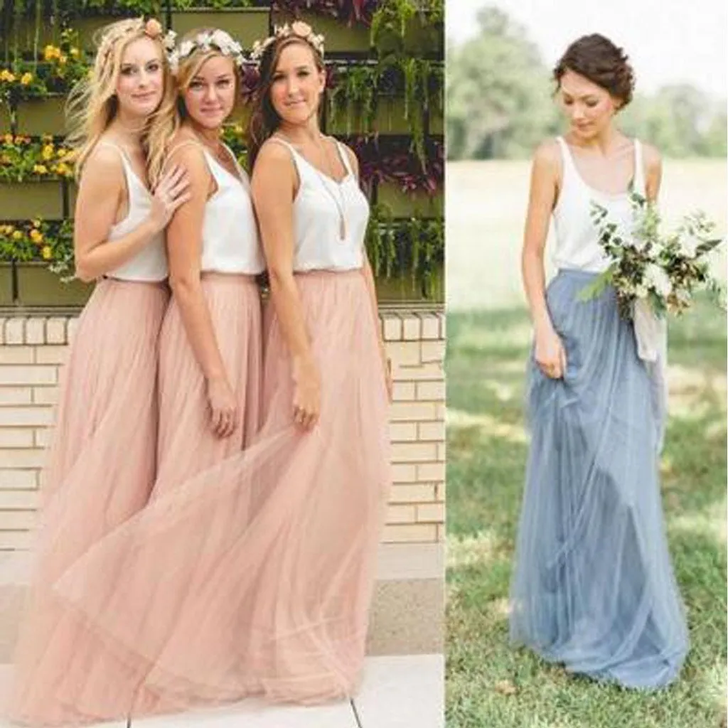 Cheap Junior Off Shoulder Scoop Neck White Blush Pink Tulle Long Bridesmaid Dresses