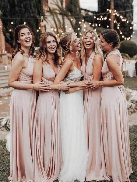 Cheap Long Chiffon Blush Pink Bridesmaid Dresses Convertible Open Back Maxi Dress