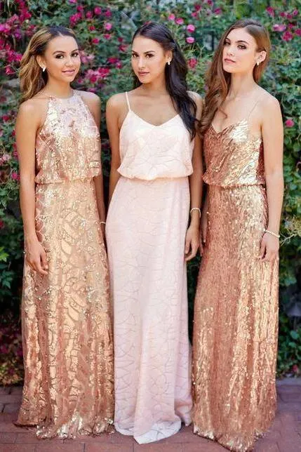 Cheap Pink Lace Sparkly Sequin Gold Mismatched Bridesmaid Dresses, Long Prom Dresses STK15129