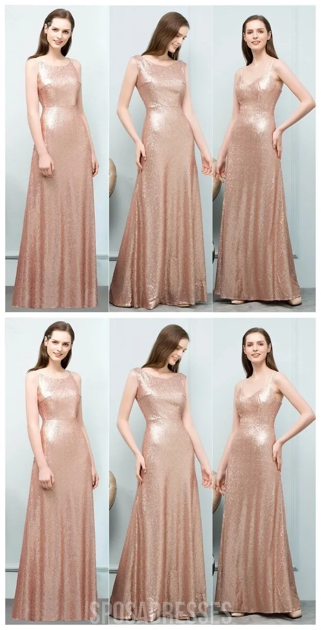 Cheap Sparkly Floor Length Mismatched Gold Sequin Bridesmaid Dresses, WG547