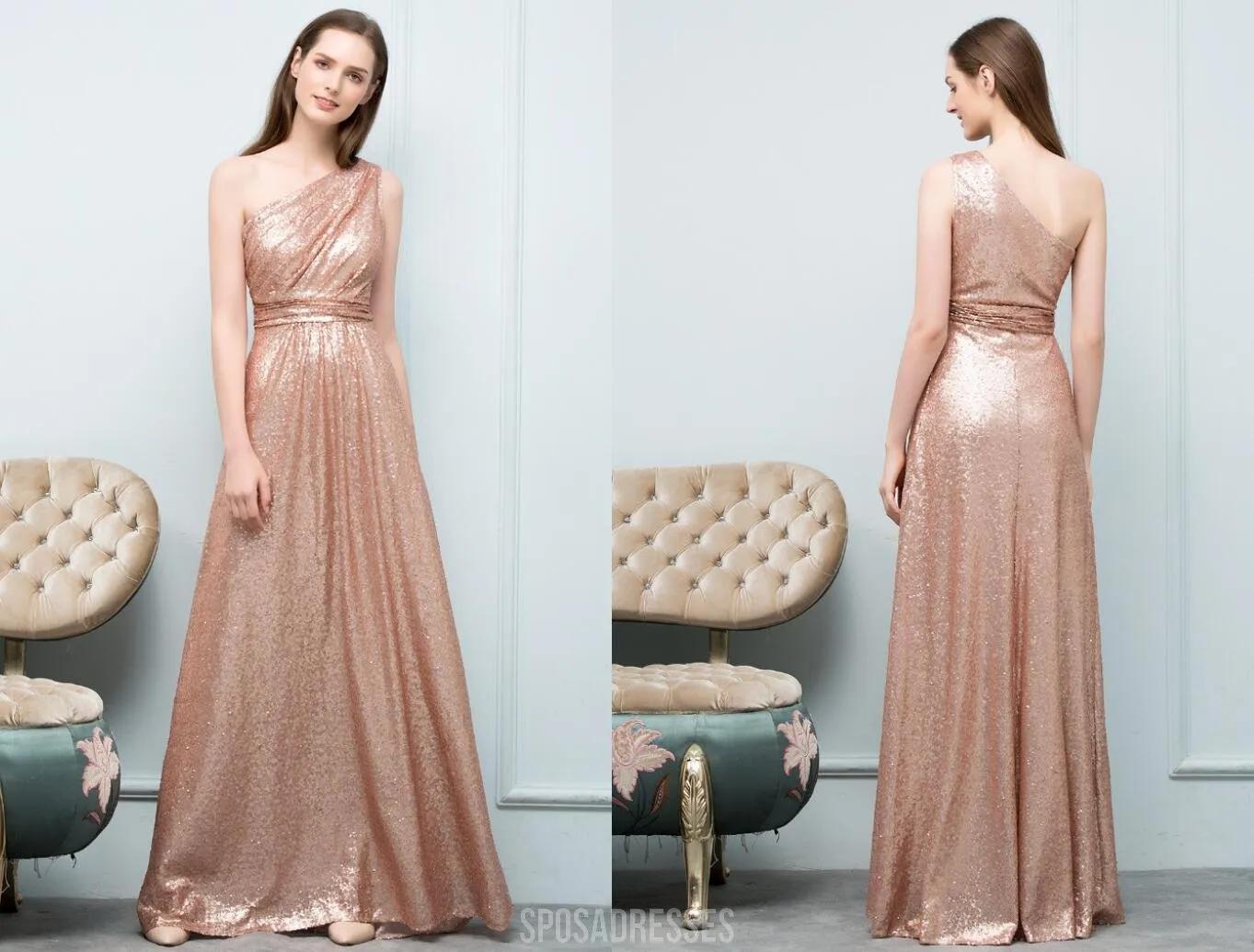 Cheap Sparkly Floor Length Mismatched Gold Sequin Bridesmaid Dresses, WG547