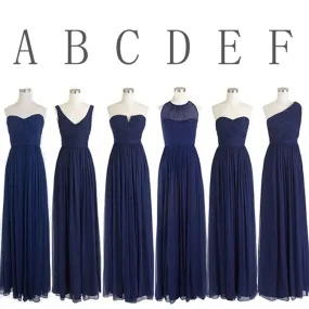 Classic Popular Navy Blue Mismatched Chiffon Formal Cheap Long Bridesmaid Dresses, WG302