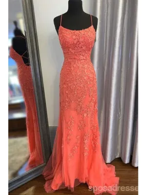 Coral Mermaid Spaghetti Straps Backless Cheap Long Prom Dresses,12902