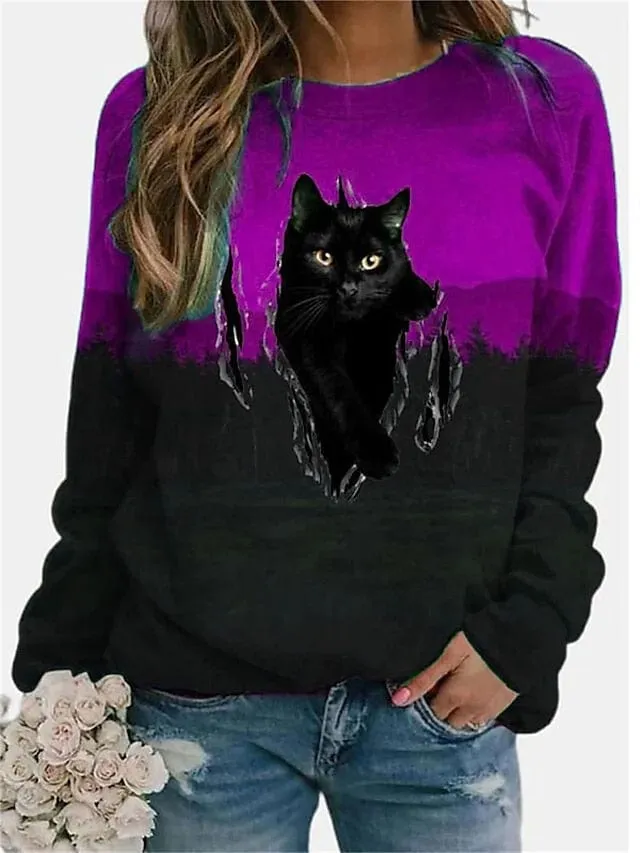 Cozy Cat Striped Sweatshirt for Women