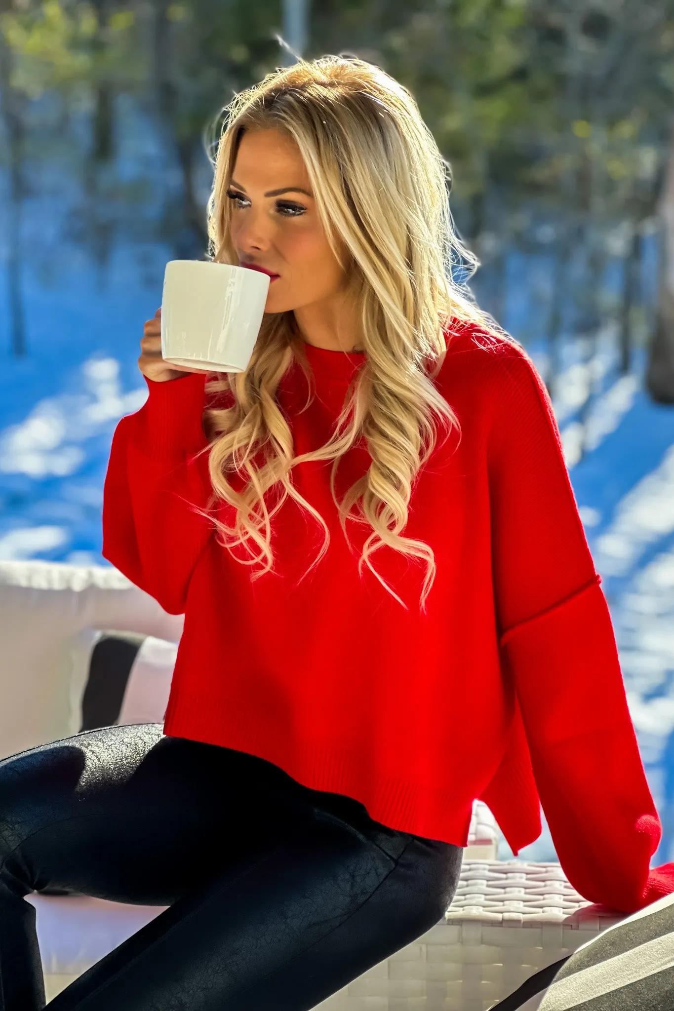 Cozy Era Relaxed Cropped Sweater : Red