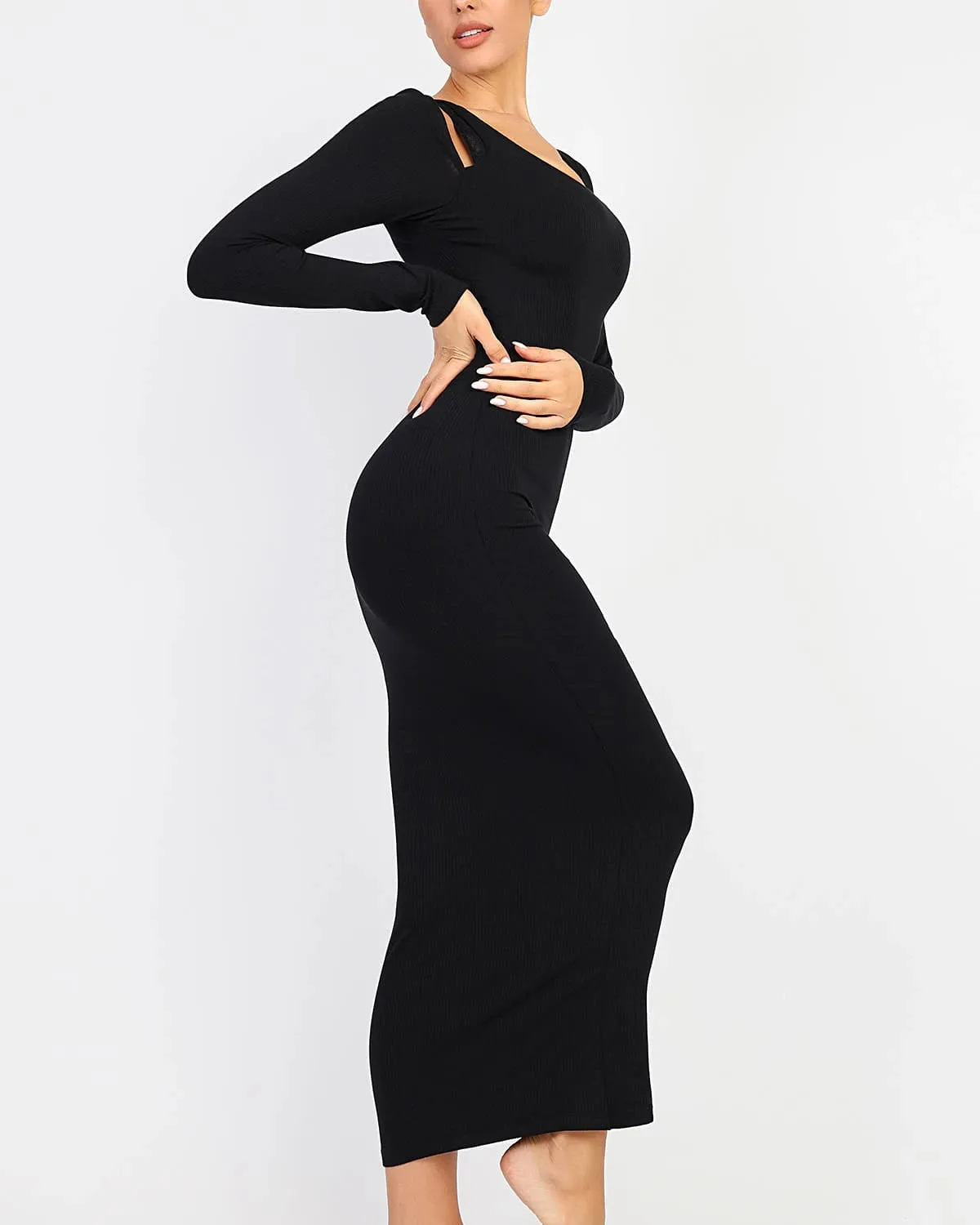 Cozy Ribbed Shoulder Cut-Out Shaping Dress