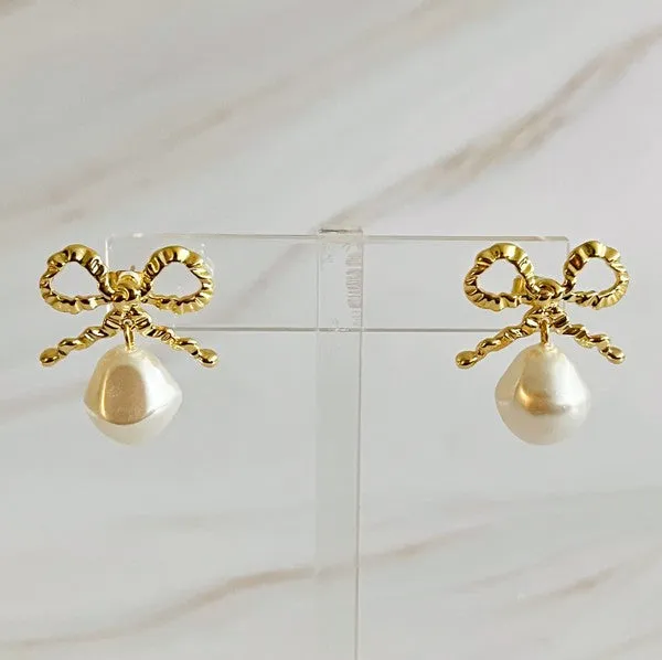 Dangle Pearl Antique Bow Earrings