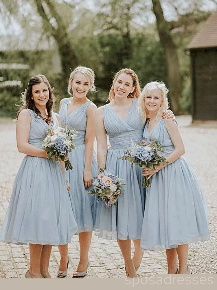 Dusty Blue V Neck Chiffon Short Cheap Bridesmaid Dresses Online, WG346