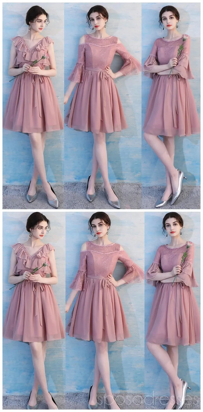 Dusty Pink Chiffon Mismatched Simple Cheap Bridesmaid Dresses Online, WG513