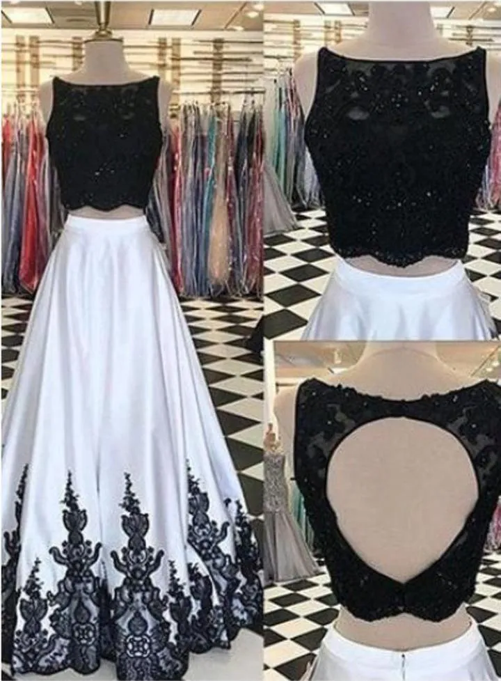 Elegant A line Two Pieces Open Back Scoop Satin Lace Beads Cheap Prom Dresses