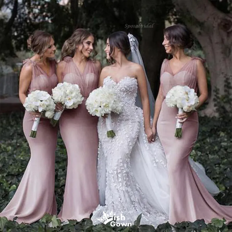 Elegant Dusty Pink Mermaid Straps Popular Cheap Maxi Long Wedding Guest Bridesmaid Dresses,WGM246