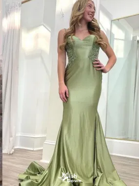 Elegant Green Mermaid Spaghetti Straps Applique Cheap Maxi Long Party Prom Gowns,Evening Dresses,WGP418