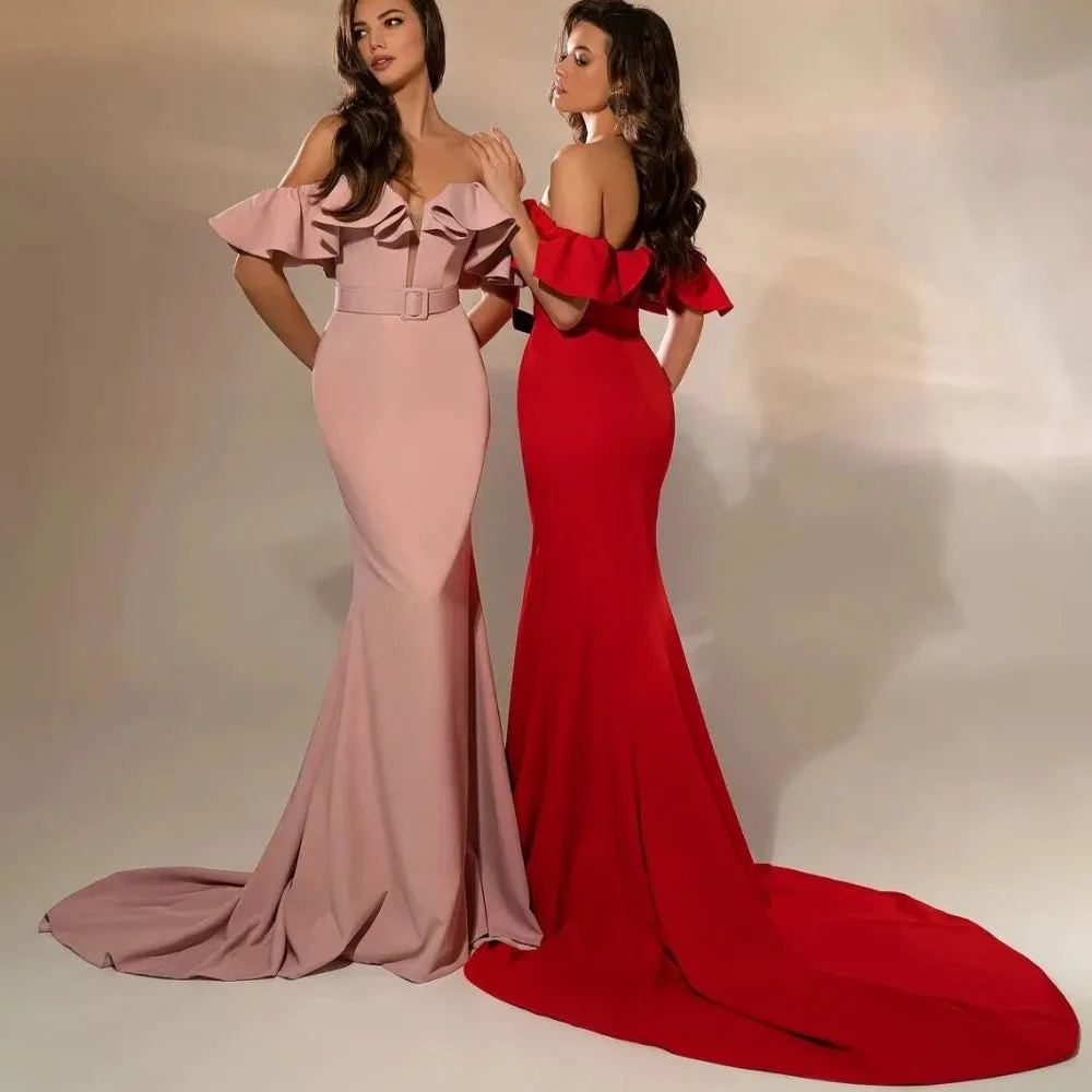 Elegant Mermaid with Belt Long Train Formal Dresses