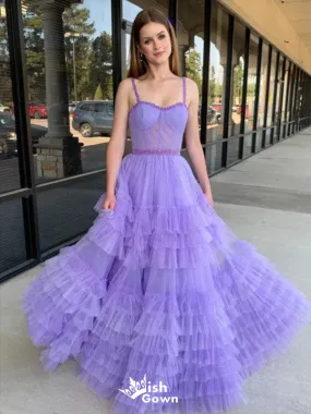 Elegant Purple A-line Sweetheart Spaghetti Straps Sleeveless Ruffle Beads Cheap Maxi Long Party Prom Gowns,Evening Dresses,WGP483