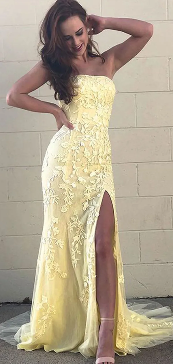 Elegant Yellow Mermaid Strapless Sleeveless Side Slit Lace Cheap Maxi Long Party Prom Gowns,Evening Dresses,WGP518