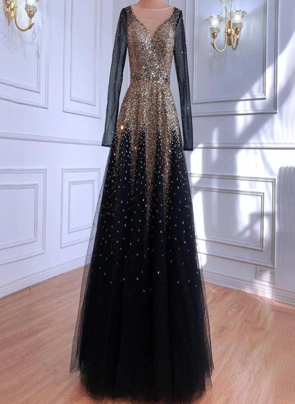 Emerie Black Gold Luxury Sparkle Beading Formal Dress