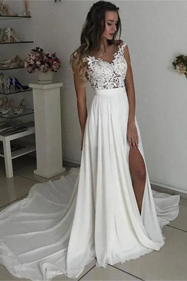 Formal Long Ivory Lace Chiffon Side Slit Cap Sleeve Cheap Beach Wedding Dresses