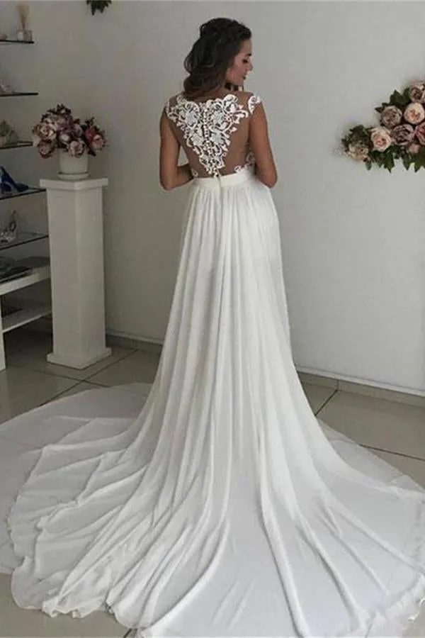 Formal Long Ivory Lace Chiffon Side Slit Cap Sleeve Cheap Beach Wedding Dresses