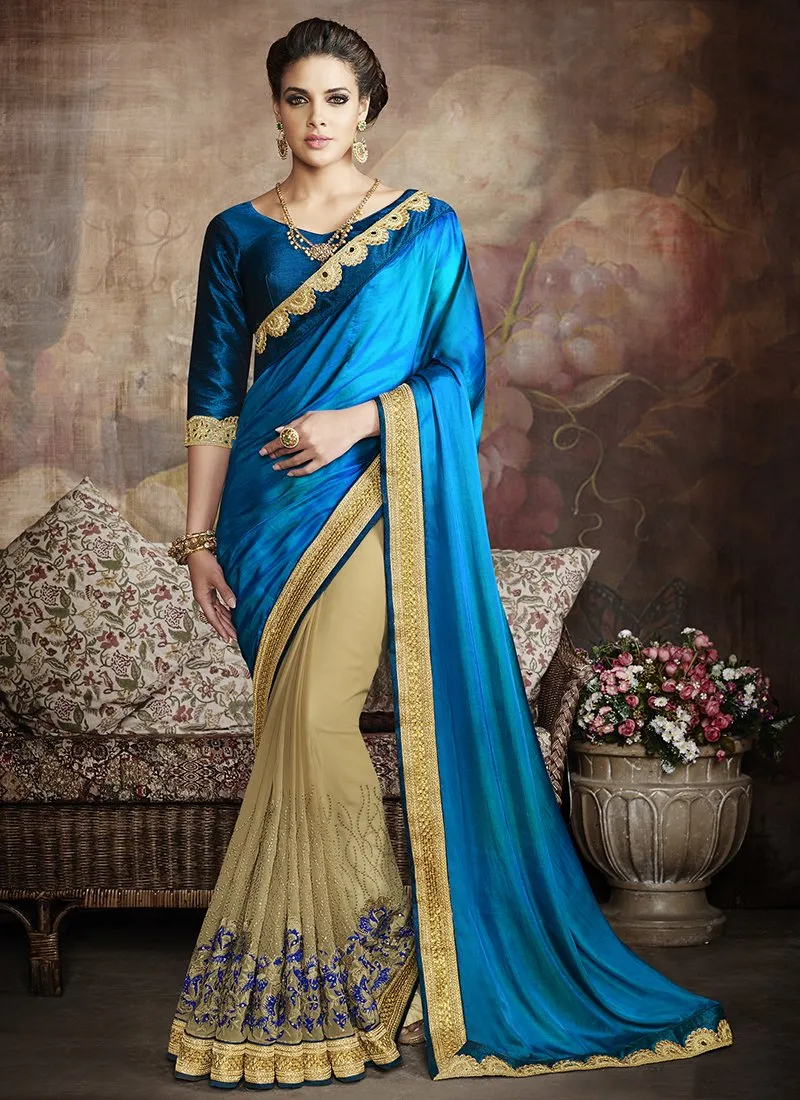 Georgette Formal Wear Embroidered Work Saree  - blue