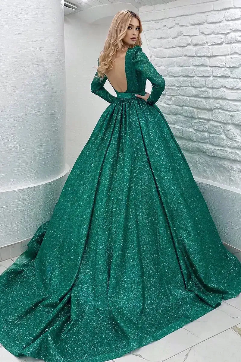 Glitter Tulle Long Sleeve Ball Gown Formal Dress