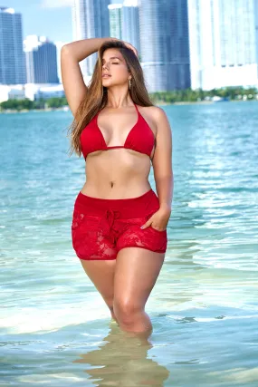 Plus Size Tight Floral Lace Shorts Red-White-Black