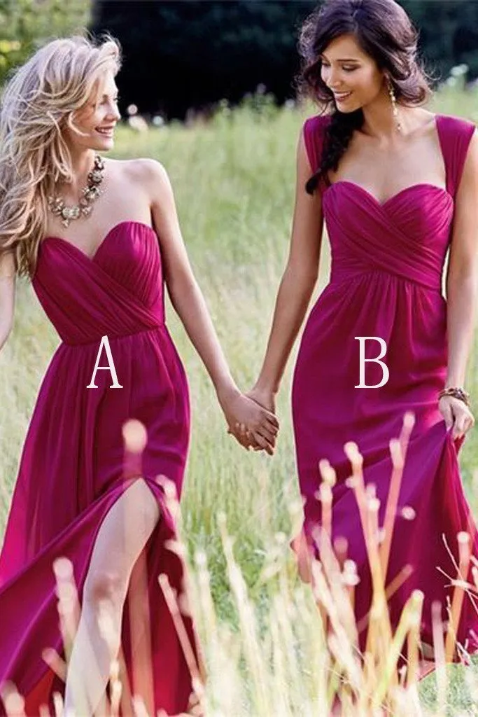 Red Cheap Chiffon Floor Length Side Split Long Sweetheart Sleeveless Bridesmaid Dress