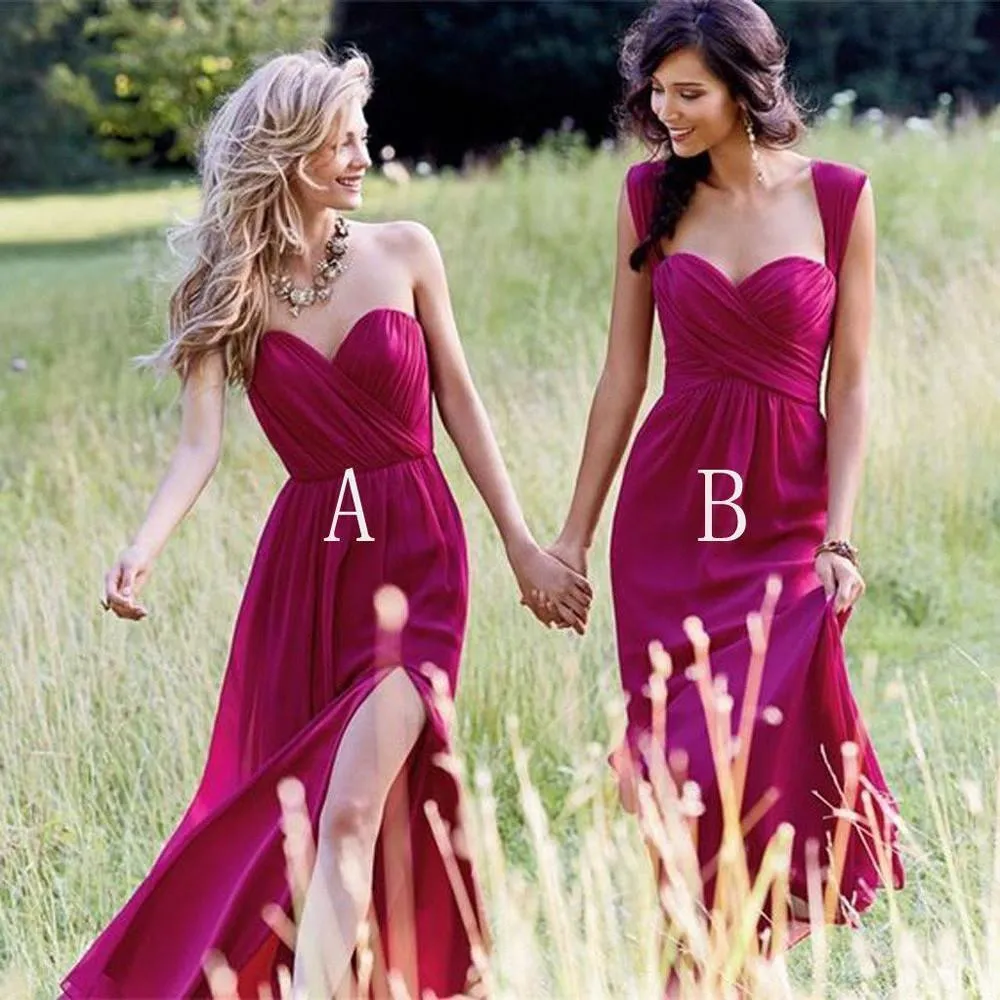 Red Cheap Chiffon Floor Length Side Split Long Sweetheart Sleeveless Bridesmaid Dress