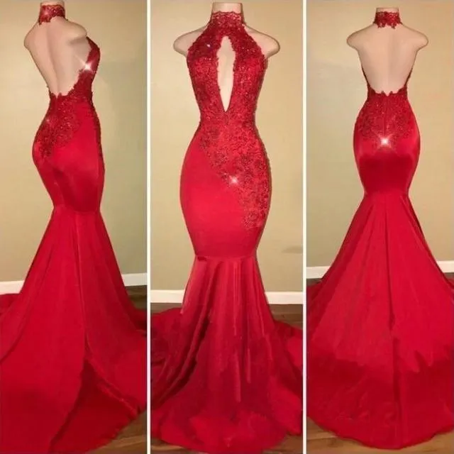 Red Mermaid High Neck Backless Satin Prom Dresses Long Cheap Evening Dresses