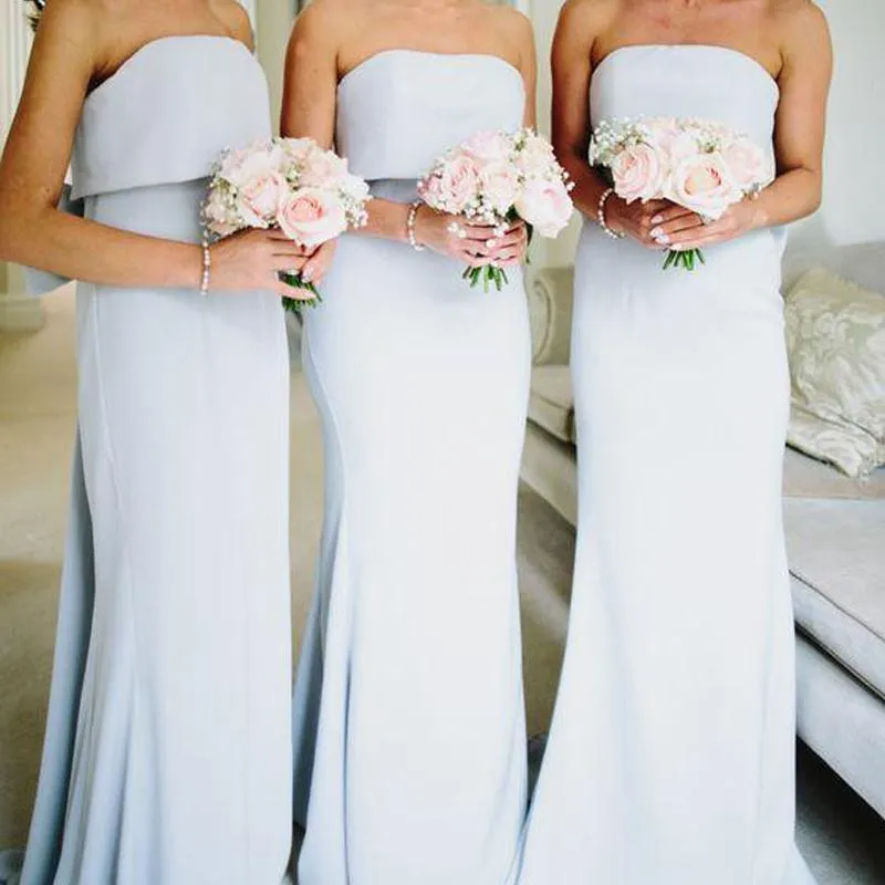 Simple Strapless Grey Satin Cheap Long Bridesmaid Dresses