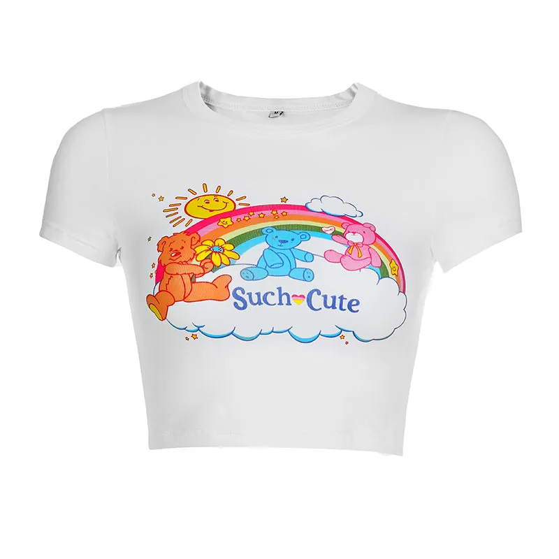 SUCH CUTE RAINBOW BEAR PRINT SHORT TIGHT T-SHIRT BY22354