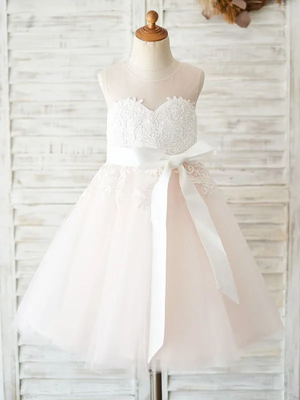 White Sleeveless Lace Sash Formal Tulle Lace Kids Pageant Dresses