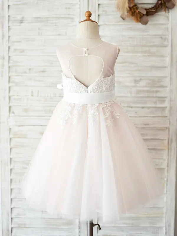 White Sleeveless Lace Sash Formal Tulle Lace Kids Pageant Dresses