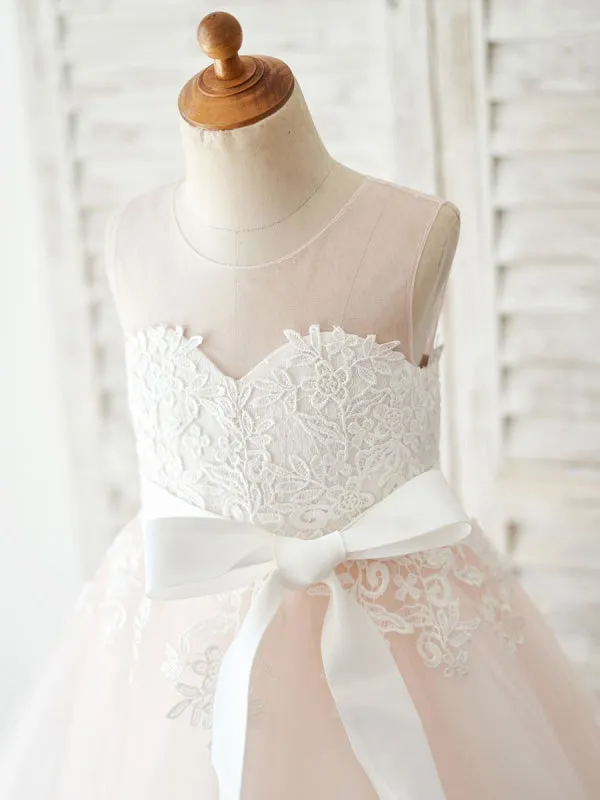 White Sleeveless Lace Sash Formal Tulle Lace Kids Pageant Dresses