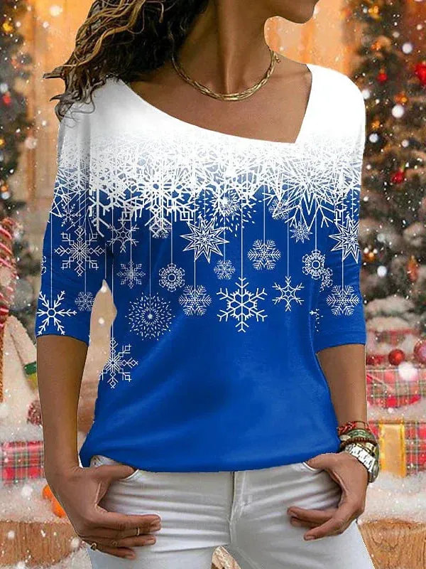 Women's Cozy Snowflake Print Long Sleeve Christmas Tee